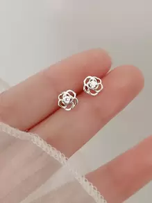 One Pair S925 Sterling Silver Fine Jewelry Unique Minimalist Cubic Zirconia Rose Shape Stud Earrings For Girls Daily Wear Valentines - Stud Earrings - View 1