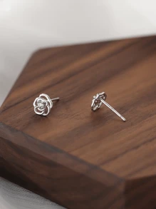 One Pair S925 Sterling Silver Fine Jewelry Unique Minimalist Cubic Zirconia Rose Shape Stud Earrings For Girls Daily Wear Valentines - Stud Earrings - View 4