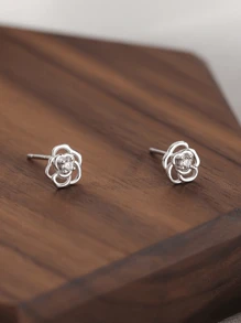One Pair S925 Sterling Silver Fine Jewelry Unique Minimalist Cubic Zirconia Rose Shape Stud Earrings For Girls Daily Wear Valentines - Stud Earrings - View 6