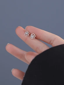 One Pair S925 Sterling Silver Fine Jewelry Unique Minimalist Cubic Zirconia Rose Shape Stud Earrings For Girls Daily Wear Valentines - Stud Earrings - View 5