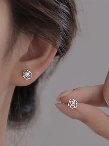 One Pair S925 Sterling Silver Fine Jewelry Unique Minimalist Cubic Zirconia Rose Shape Stud Earrings For Girls Daily Wear Valentines - Stud Earrings - View 2
