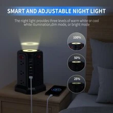 PASSUS Surge Protector Electrical Sockets With 5 USB Ports And Night Light, 10FT Extension Cable With 12 AC Multi-Sockets, PASSUS Power Tower, Overload Protection For Home Office Dormitory (Black)