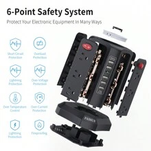 PASSUS Surge Protector Electrical Sockets With 5 USB Ports And Night Light, 10FT Extension Cable With 12 AC Multi-Sockets, PASSUS Power Tower, Overload Protection For Home Office Dormitory (Black)