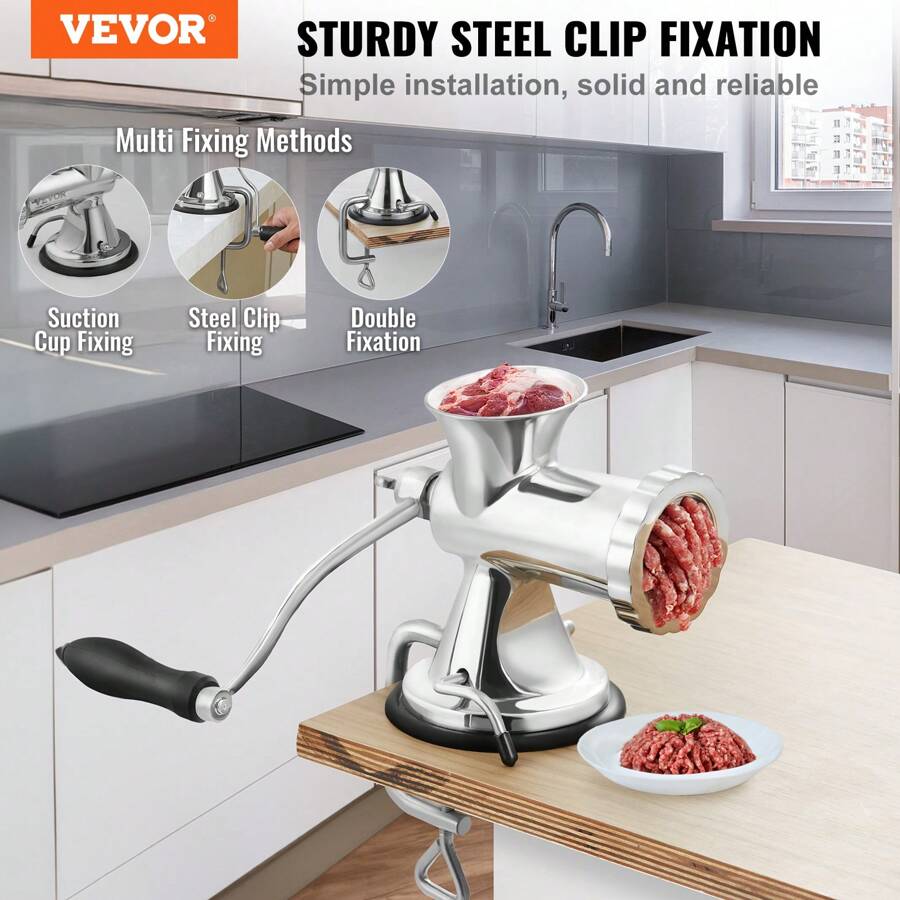 Manual Meat Grinder, 304 Stainless Steel Hand Meat Grinder With Suction Cup + Steel Table Clamp, Meat Mincer Sausage Maker & 2 Cutting Plates, Sausage Tube, Grinding Head For Beef Pepper Cookie - Silver - View 1