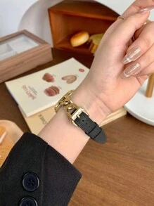 1 件男女通用时尚休闲奢华金色金属手链，搭配柔软黑色皮革表带，可调节腕带，兼容智能手表 Ultra 2、1 SE、9-1 系列 38 毫米-49 毫米 - 黑色 - 查看 3