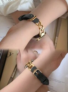 1 件男女通用时尚休闲奢华金色金属手链，搭配柔软黑色皮革表带，可调节腕带，兼容智能手表 Ultra 2、1 SE、9-1 系列 38 毫米-49 毫米 - 黑色 - 查看 6