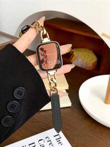 1 件男女通用时尚休闲奢华金色金属手链，搭配柔软黑色皮革表带，可调节腕带，兼容智能手表 Ultra 2、1 SE、9-1 系列 38 毫米-49 毫米 - 黑色 - 查看 2