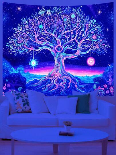 生命之树 UV 反应挂毯星夜挂毯壁挂房间装饰美学嬉皮士家居墙壁装饰礼物送给朋友，房间旗帜，房间装饰，挂毯，墙壁艺术，房间用品，房间旗帜，家居装饰，壁挂