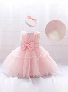 1件女童纯色蝴蝶结装饰薄纱泡泡裙连衣裙，配发带，可爱又优雅