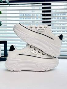 时尚舒适时尚女士休闲皮革厚底运动鞋，低帮，韩版 - 白色 - 查看 4