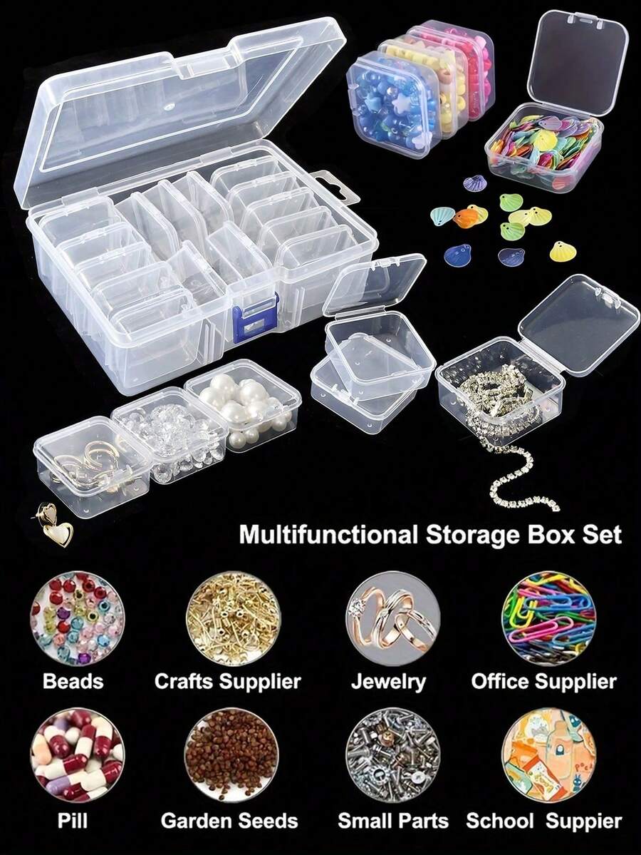 18/6 件透明可拆卸收纳盒套装，带翻盖的独立运动隐形眼镜收纳盒。适用于存放戒指、宝石、珠子等小物品。