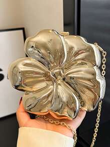 Women's Elegant Mini Flower Shaped Chain Crossbody Bag, Metallic Y2K Style Theme Party Shoulder Bag, Fashionable Novelty Shaped Bags, Versatile Small Mobile Phone Key Coin Purse, Portable Outdoor Travel Vacation Cosmetic Bags, Wear-Resistant Solid-Color Clutch Bag - Vàng - Xem 4