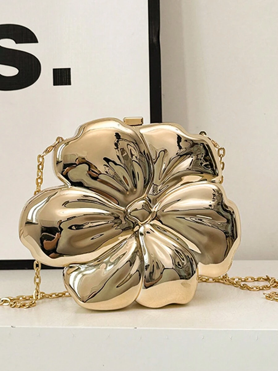 Women's Elegant Mini Flower Shaped Chain Crossbody Bag, Metallic Y2K Style Theme Party Shoulder Bag, Fashionable Novelty Shaped Bags, Versatile Small Mobile Phone Key Coin Purse, Portable Outdoor Travel Vacation Cosmetic Bags, Wear-Resistant Solid-Color Clutch Bag - Vàng - Xem 1