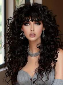 20 Inch Black Curly Wave Synthetic Wig Heat Resistant Long Hair For Woman Daily All Occasions,Elegant And Natural