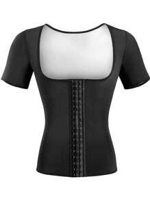 1入女士四季穿著可著用聚酯纖維材料扣環收腹衣,具有胸部支撐和腹部控制設計,非常適合運動 - 黑色 - 查看 6