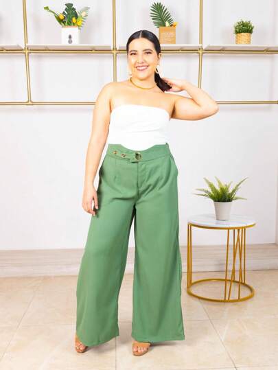 Pantalones de Talla Extra de pierna ancha de talle alto con bolsillo