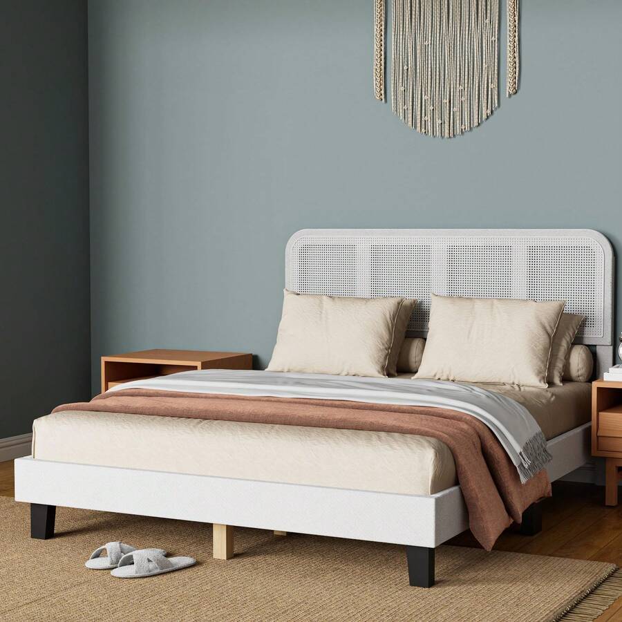 GladGrid Castle Rattan Queen Size Bed Frame, Boho Platform Bed Frame With Adjustable Rattan