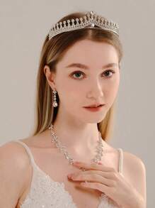 4pcs/Set Luxury Rhinestone Crown Necklace & Earrings Set, Bridal Wedding Party Jewelry Accessories