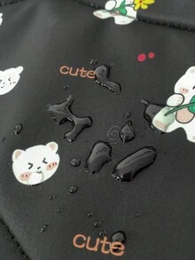 女性休閒防水卡通三口袋背包，大學風格，適用於學校、學習、購物、旅行。隨機卡通圖案。 - 黑色 - 查看 4