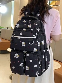 女性休閒防水卡通三口袋背包，大學風格，適用於學校、學習、購物、旅行。隨機卡通圖案。 - 黑色 - 查看 2