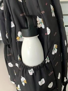 女性休閒防水卡通三口袋背包，大學風格，適用於學校、學習、購物、旅行。隨機卡通圖案。 - 黑色 - 查看 6