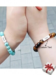 個性化刻字名字手環，時尚經典不銹鋼天然熔岩石珠寶手環，簡約個性化飾品，適用於白色石榴石和虎眼石，情侶手鏈，周年紀念或婚禮珠寶，聖誕節家庭和妻子的理想禮物 - 白松石 - 查看 1