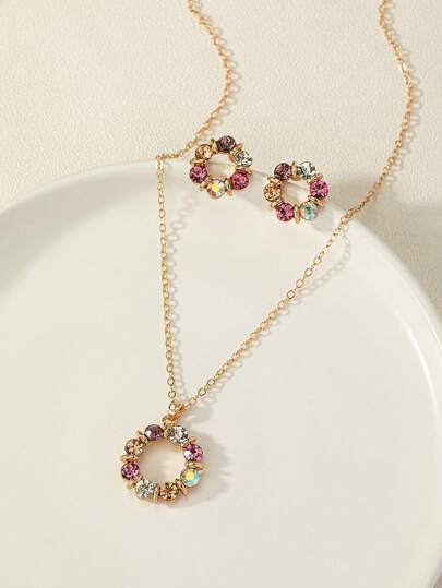 1 Collar + 2 Aretes Conjunto De Joyas Con Diseño De Flores Y Círculos Con Pedrerías Multicolor En Estilo Europeo Y Americano, Para Uso Diario O Ocasiones Importantes De Las Mujeres