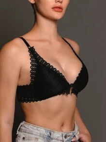 Front-Opening French Romantic Underwear For Women, Wire-Free Thin Lace Push-Up & Back-Support Bra Suitable For Small Chest, Lingerie - Black - View 3