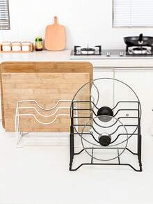 1pc Simple Iron Multi-Layer Pot Lid Storage Rack, Thickened Iron Four-Slot Pot Lid Holder, Kitchen Countertop Chopping Board Storage Rack,Storage,Organizer,Organiser,Kitchen,Travel,Kitchen Items,Kitchen Tools,Kitchen Things. - Black - View 3