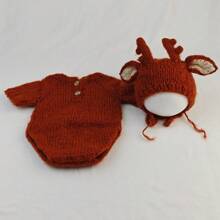 2 件新生儿摄影服装婴儿鹿卡通服装婴儿针织帽裤婴儿摄影道具配件婴儿拍摄服装服装婴儿洗澡家庭装饰礼物，适用于婴儿洗澡复活节礼物，适合女孩/男孩