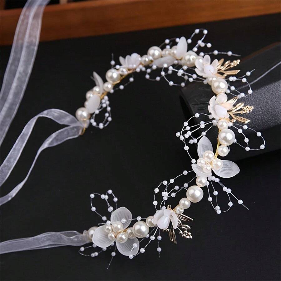 精美假珍珠花鏤空頭箍 - 帶有束紗和合金材質的優雅婚禮新娘頭飾 - 完美的派對髮飾配件，適用於新娘 - 金色 - 查看 1