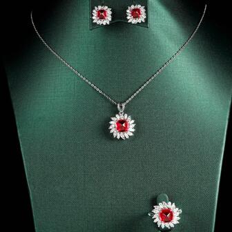 Artificial Red Gemstone (Earrings, Ring, Necklace) Set Of 3. Pure Copper Plated With White Gold. Suitable As Birthday Gift, Daily Wear, Or Party Jewelry.