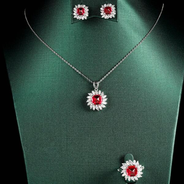 Conjunto de 3 joyas falsas de piedras preciosas rojas (aretes, anillo, collar). Bañado en cobre puro y chapado en oro blanco. Adecuado como regalo de cumpleaños, para uso diario o como joyería de fiesta.