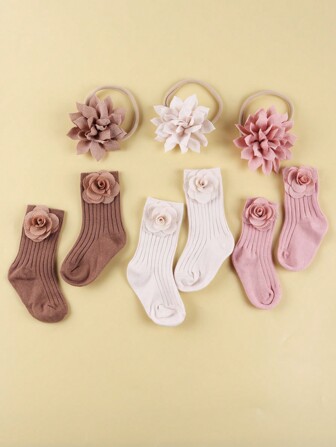 9pcs Baby Clothing Set: 3 Flower Headbands + 3 Pairs Of Solid Color Soft Socks, Gentle On Delicate Skin, Protecting Your Baby Love Valentine