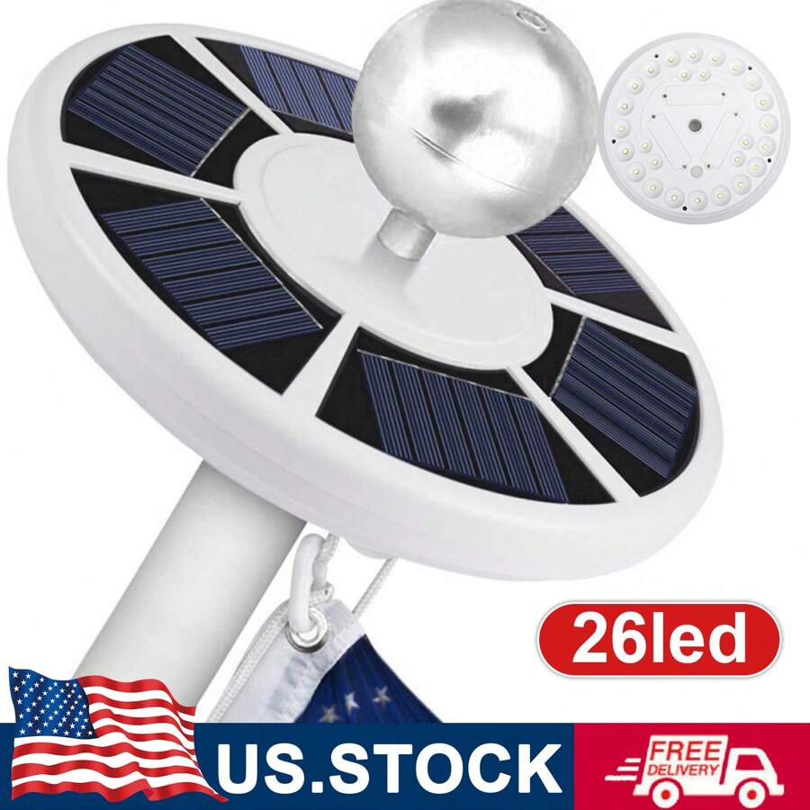 Flag Pole Light Solar Powered Spotlight,26 LED Solar Flag Pole Light For Most 15 To 25 Ft In-Ground Flag Pole, IP65 Waterproof,12 Hour Dusk To Dawn Auto On/Off, Top Mounted Flag Pole Solar Light Outdoor, Spectacular Aurora Lighting On Outdoor Pole Top,Longest Lasting, Outdoor Garden Lighting For Pathway, Yard, Patio