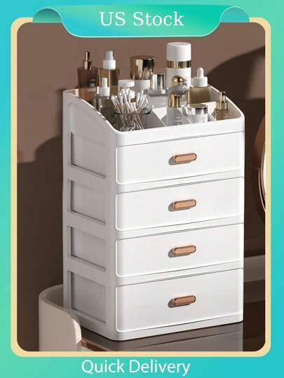 1pc 4-Layer White Cosmetic Storage Box, Desktop Storage Cabinet, Compartment Rack, Dormitory Dresser, Shelf, Dormitory Sundries, Plastic Basket, Storage Box, Drawer.