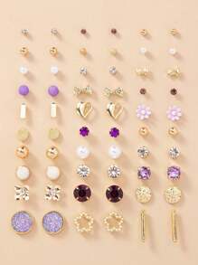 30pairs Fashionable CZ Pearl Heart Shaped Ear Studs Set With Metal Flower & Geometric Design, Suitable For Women To Wear Daily, A Gift For Holidays Or Jewelry Accessory Valentines,Mom,Mother,Mother's Day,Gift - Yellow Gold - View 15