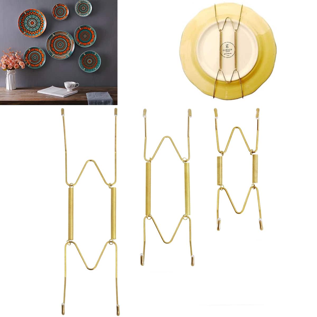 牆上盤子掛勾，盤子牆掛架，用於展示盤子的掛架，可掛在牆上，盤子掛勾，裝飾盤子掛勾，可掛在牆上的裝飾盤子 - 金色 - 查看 1