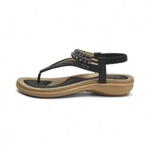 LITTLEPLUM Sandalias planas para mujer con punta abierta de diamantes de imitación, elásticas, de fácil deslizamiento, con correa trasera para caminar cómodamente y de uso casual - Negro - Ver 2