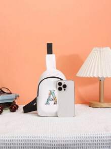 1入男女童休閒尼龍布拉鍊收口印花胸包，適合日常使用（字母位置不固定） - 白色 - 查看 6