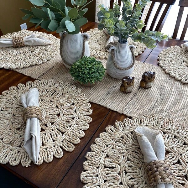 1/2/4pcs  Round Woven Placemats  Natural Corn Stalk   Place Mats, Boho Wicker Placemats, Table Mats For Dining Table