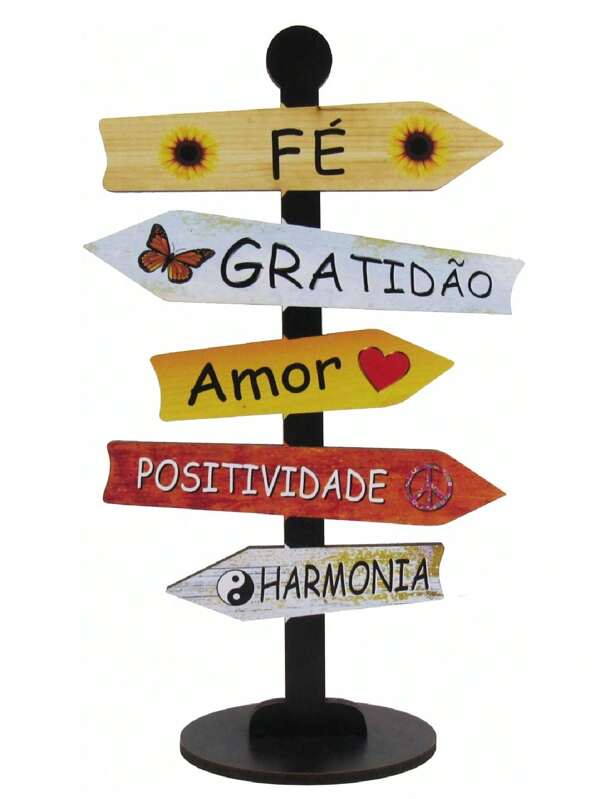 Placa Decorativa de Mesa Seta Direção Fé Gratidão