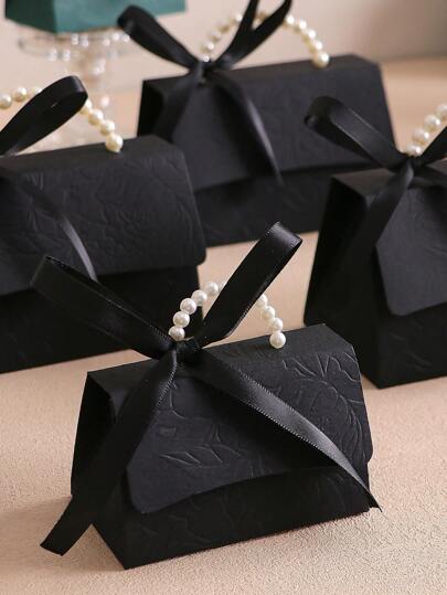 5 Pieces Embossed Three-Dimensional Floral Gift Box, Green Black White With Ribbon And Faux Pearl Handles, Multiple Sizes For Various Occasions, Made Of Letterpress Printing, Floral Pattern Gift Box, Mini Packaging Bag, Small Gift Bag, Wedding Favor Party Decorations