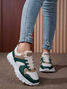 Giày trượt patin nữ chống trượt ngoài trời mùa hè, Giày nữ thông thường thoải mái màu khối, Giày thể thao buộc dây, Phong cách tối giản - kaki xanh - Xem 1