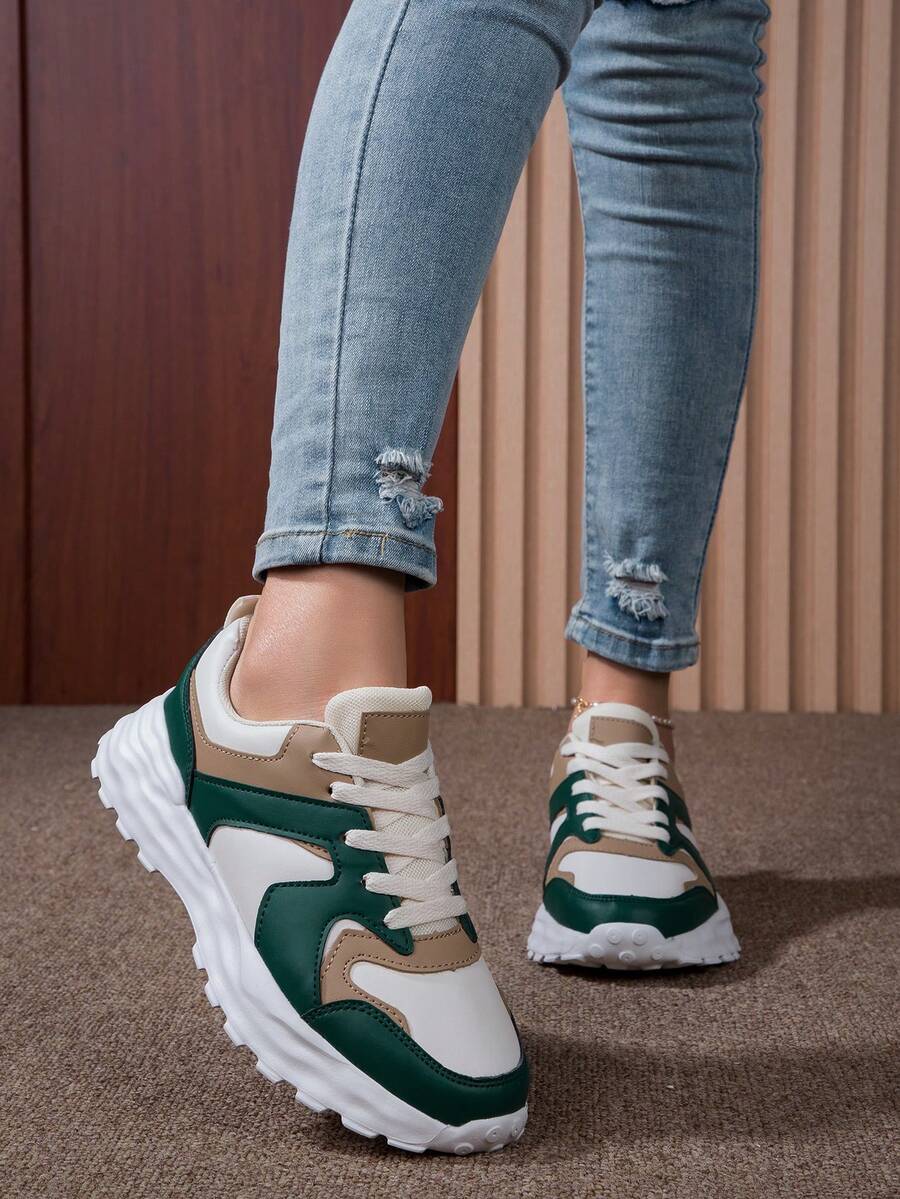 Giày trượt patin nữ chống trượt ngoài trời mùa hè, Giày nữ thông thường thoải mái màu khối, Giày thể thao buộc dây, Phong cách tối giản - kaki xanh - Xem 1