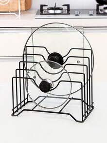 1pc Simple Iron Multi-Layer Pot Lid Storage Rack, Thickened Iron Four-Slot Pot Lid Holder, Kitchen Countertop Chopping Board Storage Rack,Storage,Organizer,Organiser,Kitchen,Travel,Kitchen Items,Kitchen Tools,Kitchen Things. - Black - View 1