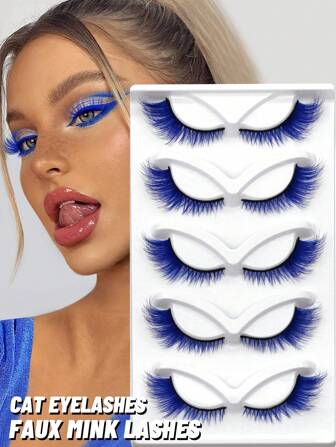 GROINNEYA 5 Pairs Colored False Eyelashes Cat Eye Eyelashes Blue Faux Mink Lashes Cosplay Fluffy Soft Cross Wispy Natural Eyelash Extension Makeup Tools Strip Lashes, Lashes, Eyelashes, Fake Lashes