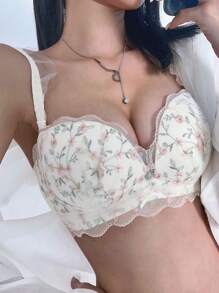 女士小胸专用聚拢刺绣无肩带文胸，碎花，露背，适合平胸，内衣 - 香檳色 - 查看 5