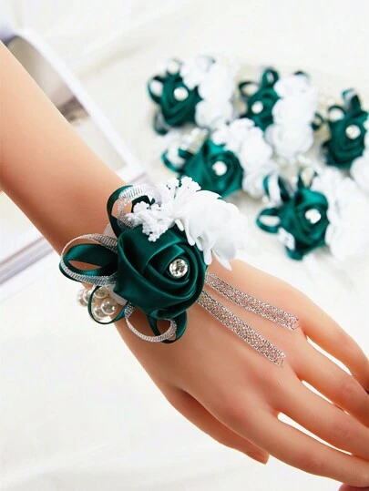 1pc Wrist Corsage For Wedding, Artificial Green Silk Foam Rose&Faux Pearls Wristband Wrist Corsage For Bride Bridesmaids Wedding Women Girl Wedding Decor Bridal Shower, Prom Party Ceremony Anniversary Decor Wedding Gift. Valentine's Day Accessories