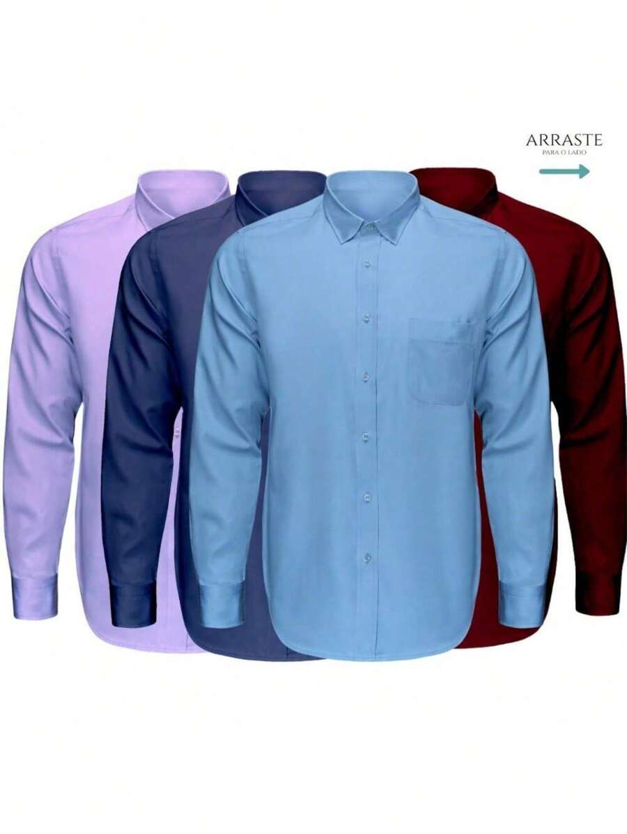 Kit 3 Long Sleeve Dress Shirt Men's Dress Shirt Microlight Dress Blouse Wrinkle-Free Fabric Dress Shirt Straight Shape (WHITE LIGHT BLUE PINK) - 霧霾藍 - 查看 1